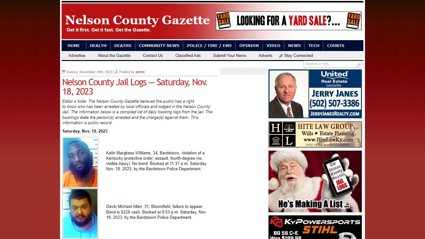 Nelson County Jail Logs — Saturday, Nov. 18, 2023